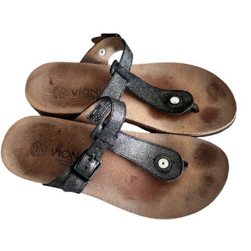 Vionic Mary Sandals Sz 8 Black Glitter Orthaheel Technology Thong Slip On Comfor
